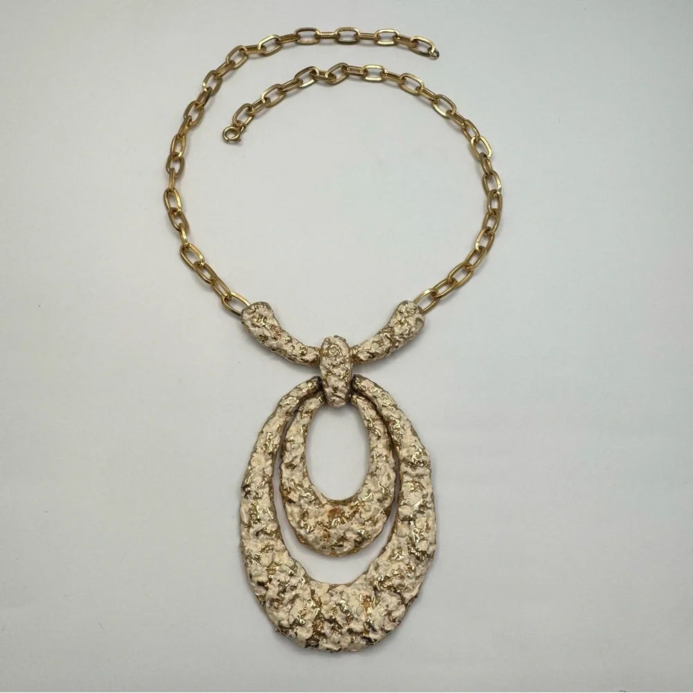 Textured Gold Tone Statement Necklace Abstract Double Oval Pendant